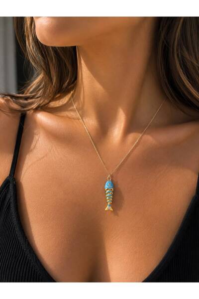 ANKA JEWELLRY Steel Women's Necklace with Blue Fish Design and Gold Color Cha...