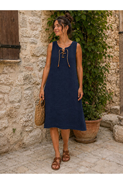 cesita Women's Navy Blue 100% Cotton Muslin Fabric Above Knee Loose Dress