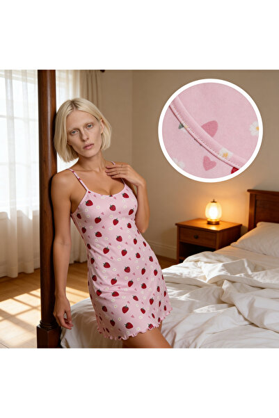 MONLİNE Pink Strawberry Patterned Strap Nightgown