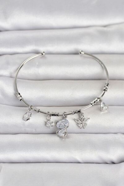 norsary Silver Color Brass Cat Detailed Charm Women's Bracelet