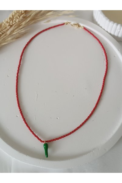 La fee aksesuar Green Chili Hot Luck Pepper Women's Red Bead Necklace Short Choker Necklace