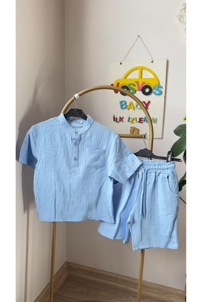 VOSVOSBABY Light Blue Hakim Collar Children's Muslin Shorts Set
