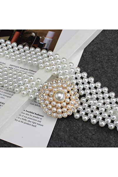 OBRO Women's Elegant Faux Pearl Waist Belt, Elastic with Vintage Brooch Buckl...