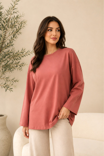 SADEL Oversize Yakası Yuvarlak Tunik - Gül Kurusu