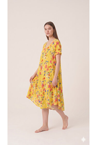 Sibel Günay Butik Letnja haljina sa cvetnim uzorkom, 100% pamuk, široka, žuta...