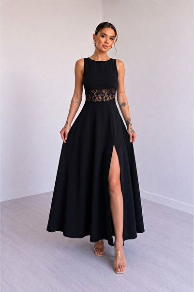 DRESSIFY WOMEN’S FASHION Kadın Siyah Omuzları Açık Dantel Detaylı Cepli Krep ...