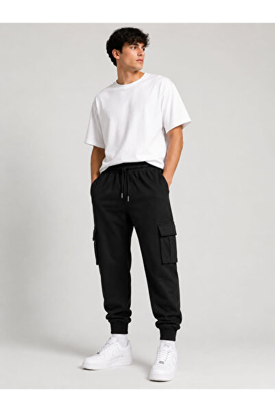 mw memowear Ανδρική μαύρη φόρμα με διπλές τσέπες cargo και ελαστική μέση, cas...