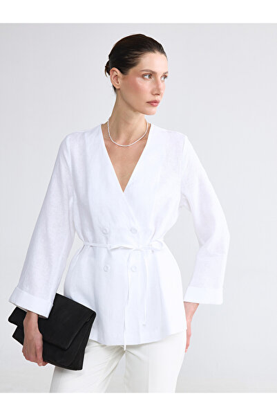 LC Waikiki Double-Breasted Collar Belted Waist Women's 100% Linen Jacket
