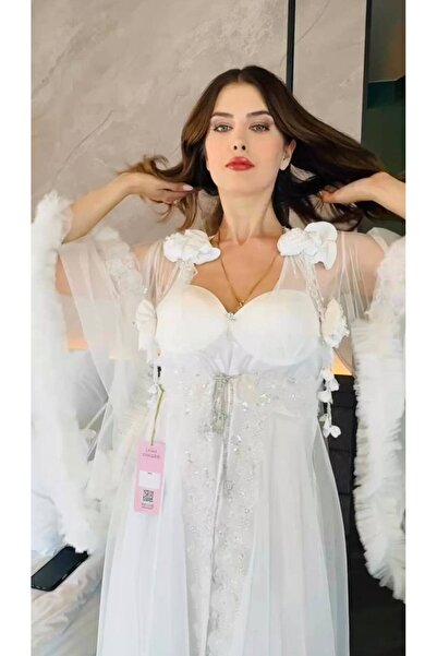 Lama Lingerie White Dressing Gown Satin Tulle and Rose