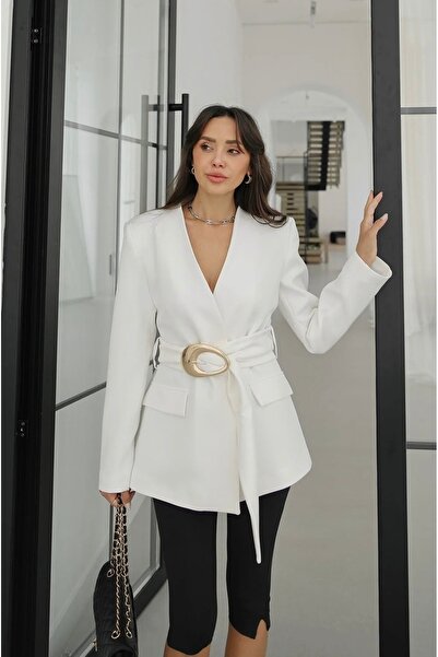 BRTC design Women's Ecru Gold Buckle Blazer Jacket