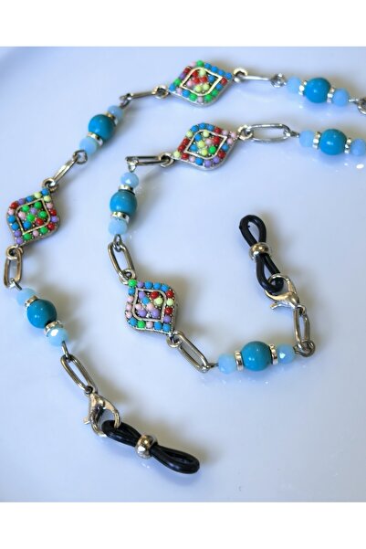 THİNBLACK Eyeglass Chain with Square Detail and Turquoise Natural Stone in Si...