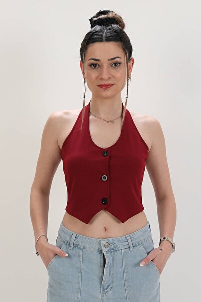 Moda Gülsa Women's Halter Neck Buttoned Back Detailed Vest Blouse Crop