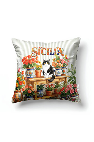 CANİLA Sicily Cat Patterned Floral Square Throw Pillow 43 X 43 cm Double-Side...