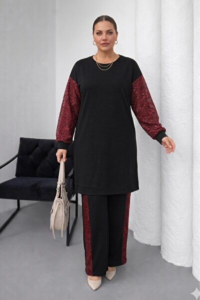 NO 601 Set pantaloni și tunică cu mânecă lungă, cu detaliu din guipură, negru...