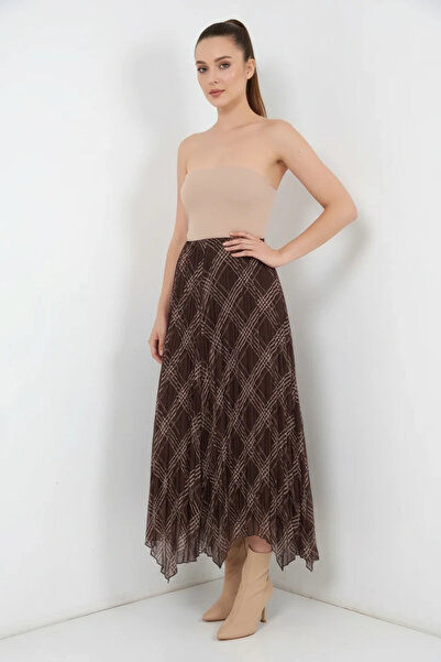 buğrahayalin Women's Asymmetrical Cut Pleated Chiffon Brown Skirt