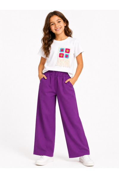 Melff Tricou alb cu detalii tricotate colorate pentru fete, pantaloni largi, ...