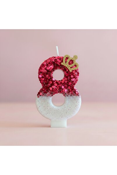 Miki & Miki Fuşya - Simli Taçlı Pasta mumu Doğum günü mum 8 yaş