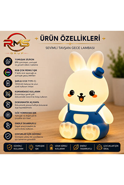 RMSGRUP RMS Bunny Dream RGB Şarjlı Silikon Tavşan Gece Lambası Çocuk Odası Uy...