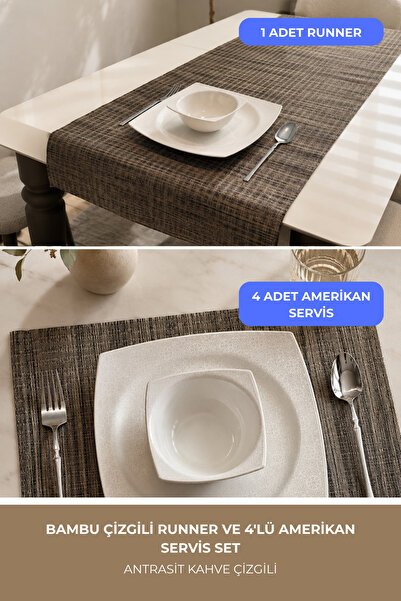 Ship Art Şık Bambu Runner ve 4'lü Amerikan Servis Set | Dekoratif Masa ve Sof...