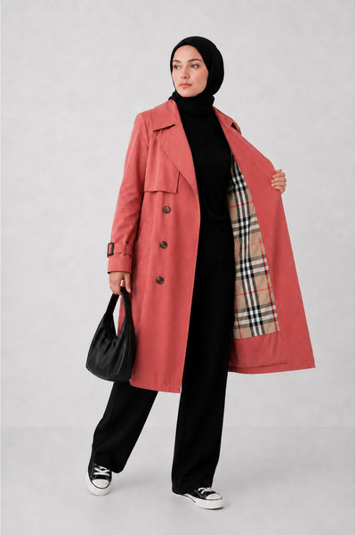 PENGORA Women's Long Trench Coat Belted Plaid Lined Buttoned Water and Wind-R...