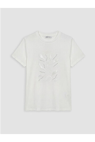 LC Waikiki New Season White Crew Neck Embroidered Women's T-Shirt