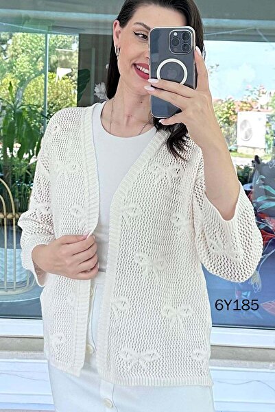 İnce Topuk Bow Patterned Openwork Knitwear Cardigan 6Y185