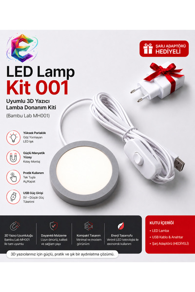 LED Lamp - Kit 001 Uyumlu 3D Yazıcı Lamba Donanım Kiti (Bambu Lab MH001) + Şarj Adaptörü Hediyeli - Günışığı