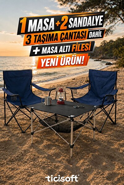 Ticisoft Fileli Kamp Masası Dayanıklı Taşıma Çantalı Bardaklıklı Kamp Sandaly...
