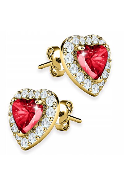 Larezo 925 Silver Earrings Gold Plated, Love Heart Pattern With Ruby Red Zirc...