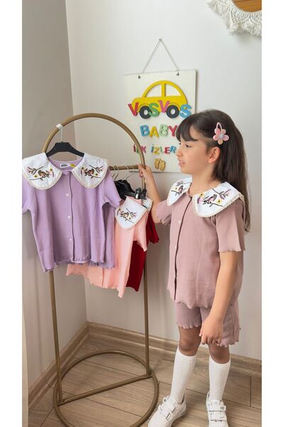 VOSVOSBABY Dried Rose Flower Collar Embroidery Detail Felt Shorts Suit