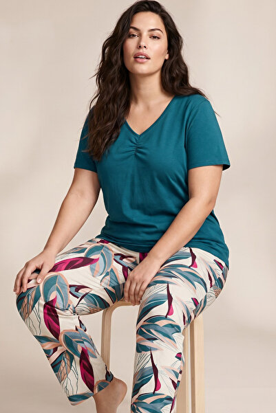 Siyah İnci Green Patterned Large Size Oversized Viscose Knitted Pajama Set