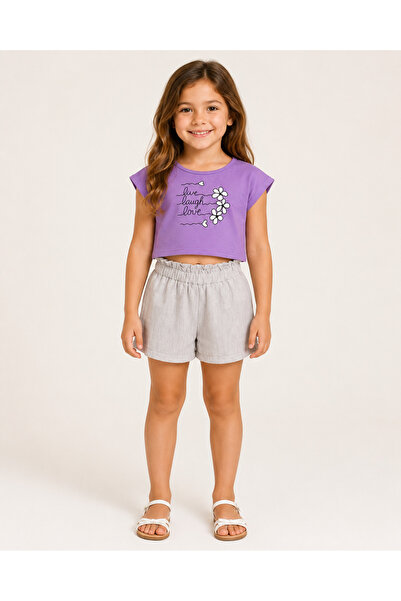 BEREKET BABY Girls' Live Laugh Love Printed Lilac Crop T-Shirt and Grey Short...