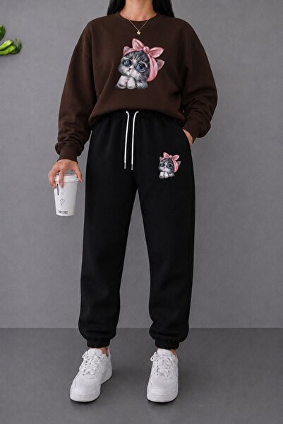 FAEL LİFE Unisex Wide Cut Zero Neck and Sweatpants Cat Print Set