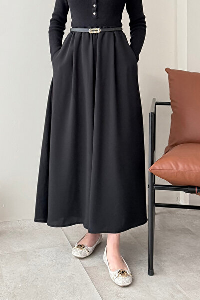 Tesettür Diyarı Relax Suzana Fabric Skirted Trousers with Elastic Waist - Black