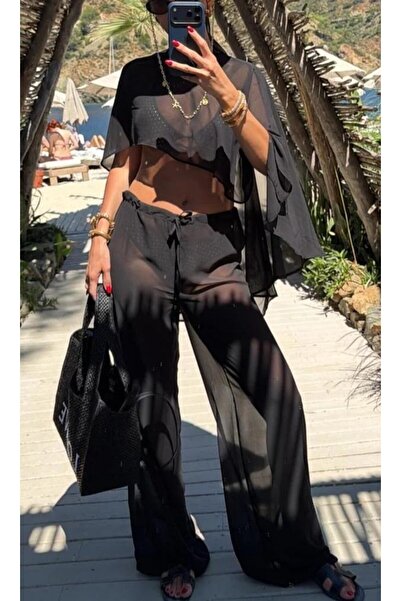 HerTon Chiffon Cape Blouse Pants Set