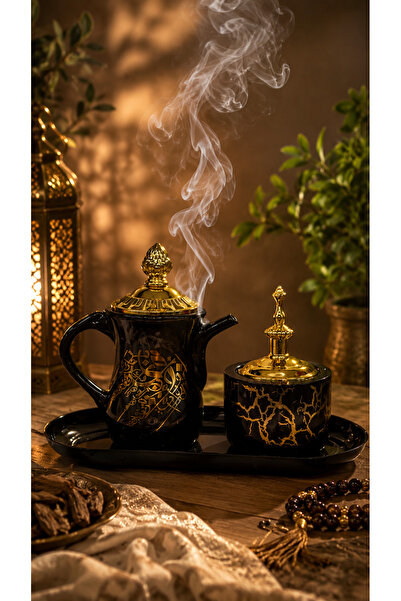 ALRASHED Temalı Dekoratif Buhurdanlık ve Şekerlik Seti Gold 25x15 cm