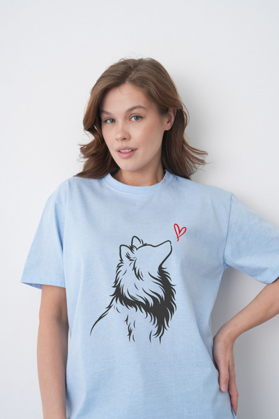 TREND EMMODA Tricou albastru cu gât rotund, cu imprimeu minimalist cu câine ș...