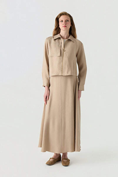 Zühre Embroidery Detailed Zippered Shirt Collar Beige Suit 1741