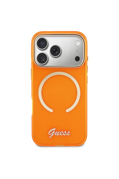 Guess Husă IML Script Metal MagSafe pentru iPhone 17 Pro Portocaliu