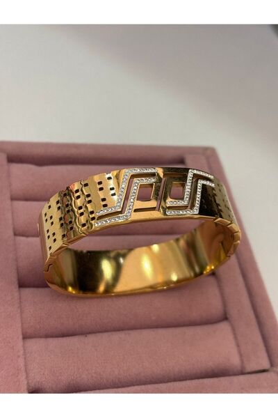 ACCESSORİES 14K Altın Kaplama Taşlı Grek Desenli Kalın Kelepçe Bilezik - Kararmaz Lüks İtalyan Model Geniş Bilezik