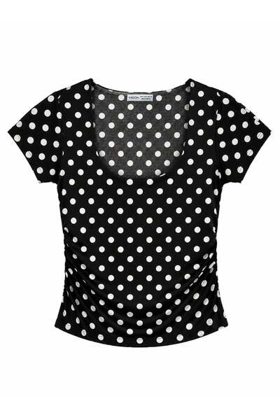 Vadon 1004 Kadın Pamuklu Kare Yaka Puantiyeli Yan Büzgü Detaylı Crop T-Shirt ...