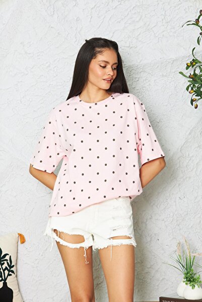 The Champ Clothing Tricou oversize pentru femei Polka Muse roz cu buline – De...