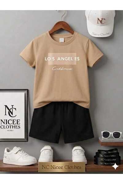 NC Nicee Clothes Yazlik Children's T-Shirt Shorts Unisex (White Square Patter...