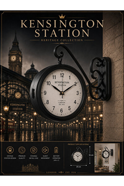 KOLAYEV Kensington Station Çift Taraflı Metal Duvar Saati 36x25 cm Heritage C...