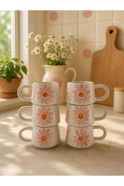 CEYU SERAMİK Modern Pink Floral Ceramic Espresso and Turkish Coffee Cup Set