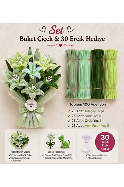 hyc heryerçiçeklenir Şönil Çiçek Yapım Seti 100 Adet (Ada Çayı Yeşili,Nane Ye...