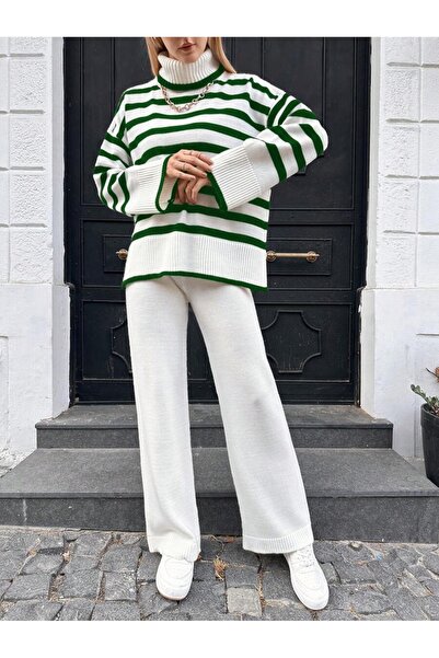 Iuliashop Knitted Set with Gladis White Pants with Green Stripes - M