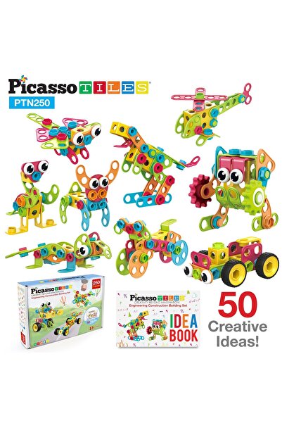PicassoTiles مجموعة بيكاسو للهندسة والإنشاءات مع مثقاب كهربائي للعب (250 قطعة)