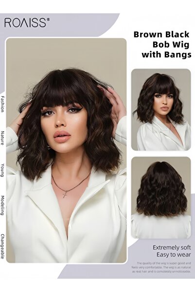 ROAISS Brown Black Bob Wig with Bangs, Short Hair Wig for Women, Curly Synthe...