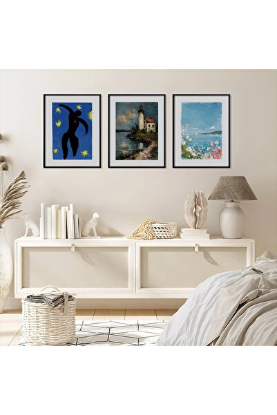 KOLAJTASARIM Dancer Figure, Lighthouse and Coastal Flowers Black Framed 3-Pie...